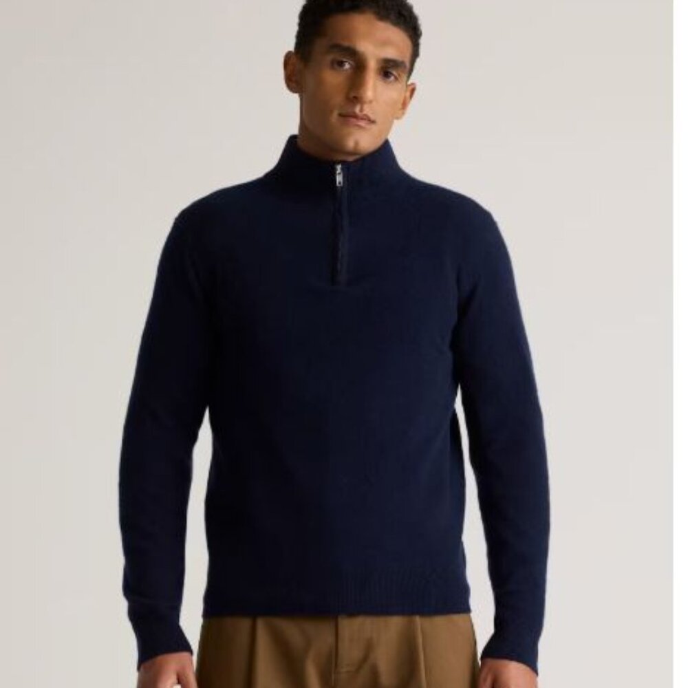 NEW $140 Quince Men's Medium NAVY 100% Cashmere Quarter Zip Sweater